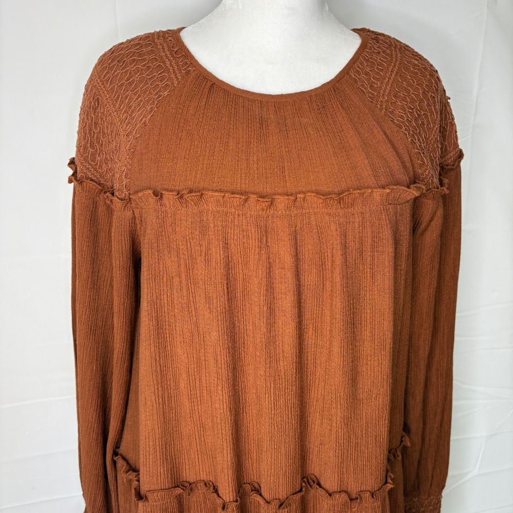 Moon River Dress Smocked Babydoll Ruffle Boho Cottagecore Rust Brown Medium - Picture 3 of 15
